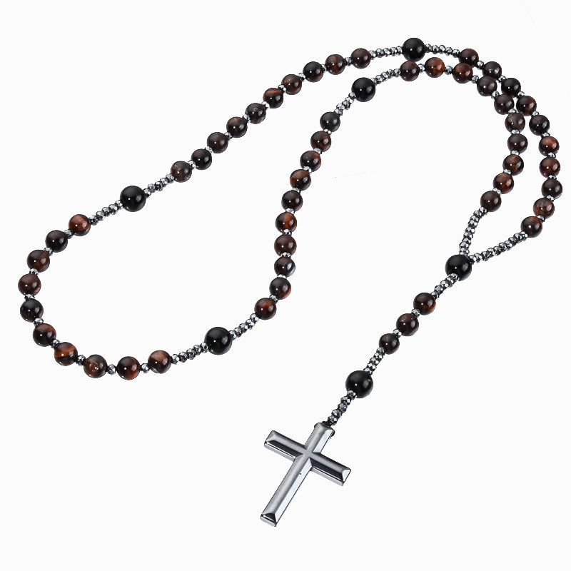 Black Stone Bead Cross Necklace