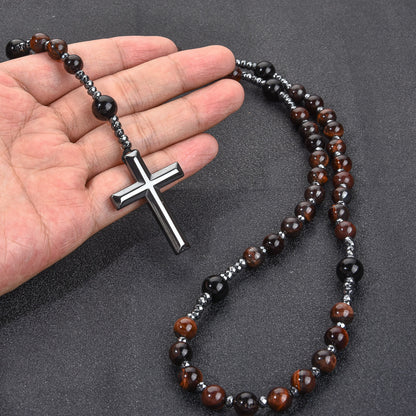 Black Stone Bead Cross Necklace