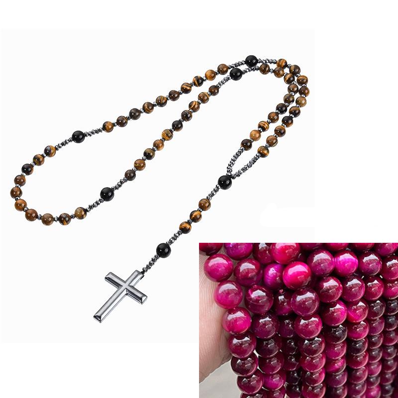 Black Stone Bead Cross Necklace