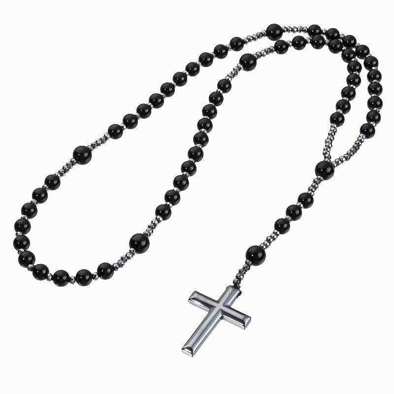 Black Stone Bead Cross Necklace