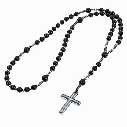 Black Stone Bead Cross Necklace
