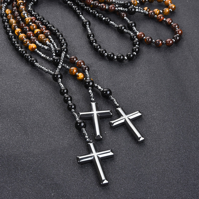 Black Stone Bead Cross Necklace