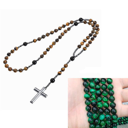 Black Stone Bead Cross Necklace