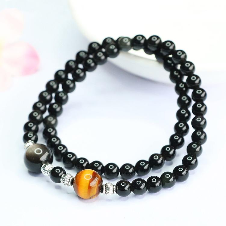 Double Layer Black Obsidian & Tiger Eye Bracelet