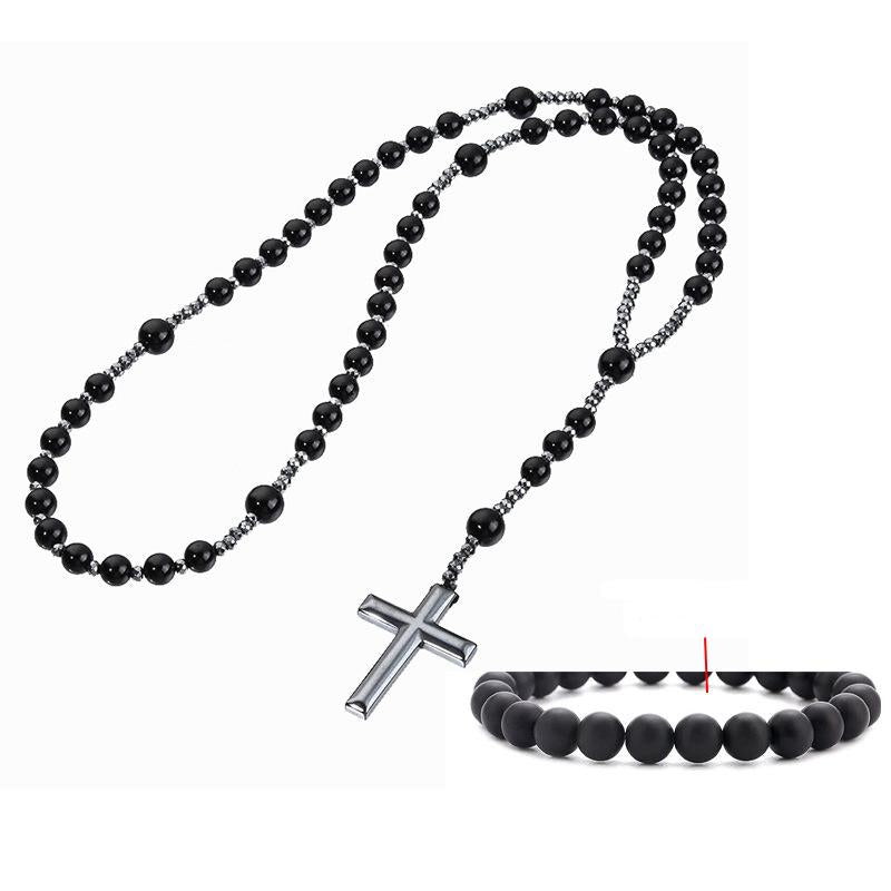 Black Stone Bead Cross Necklace