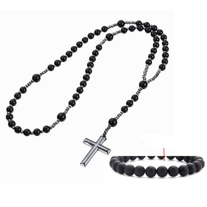 Black Stone Bead Cross Necklace