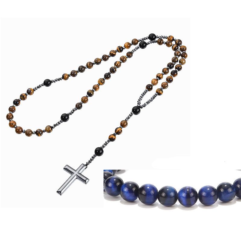 Black Stone Bead Cross Necklace
