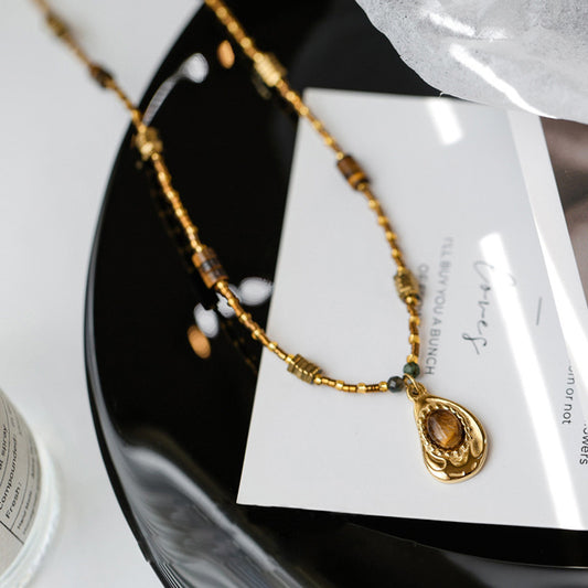 14K Gold Tiger Eye Pendant Necklace