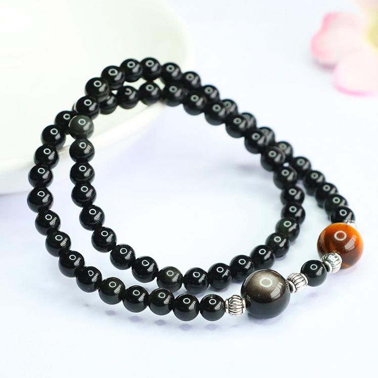 Double Layer Black Obsidian & Tiger Eye Bracelet