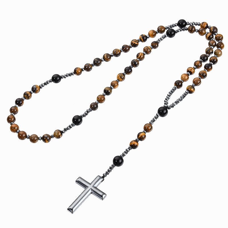 Black Stone Bead Cross Necklace