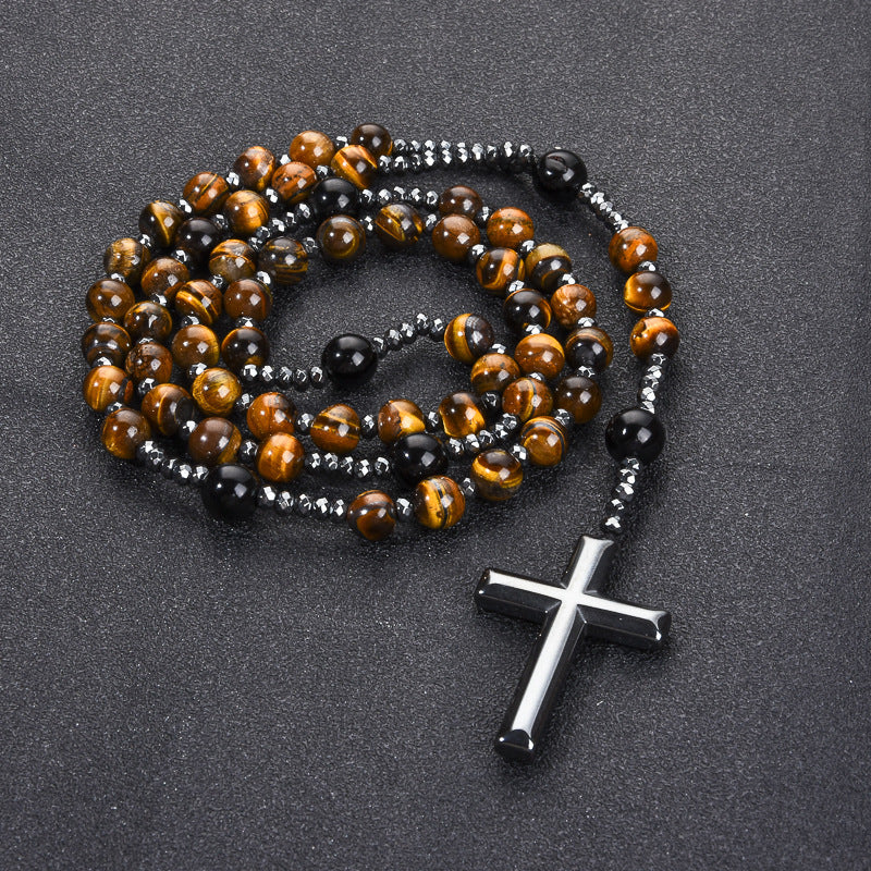 Black Stone Bead Cross Necklace