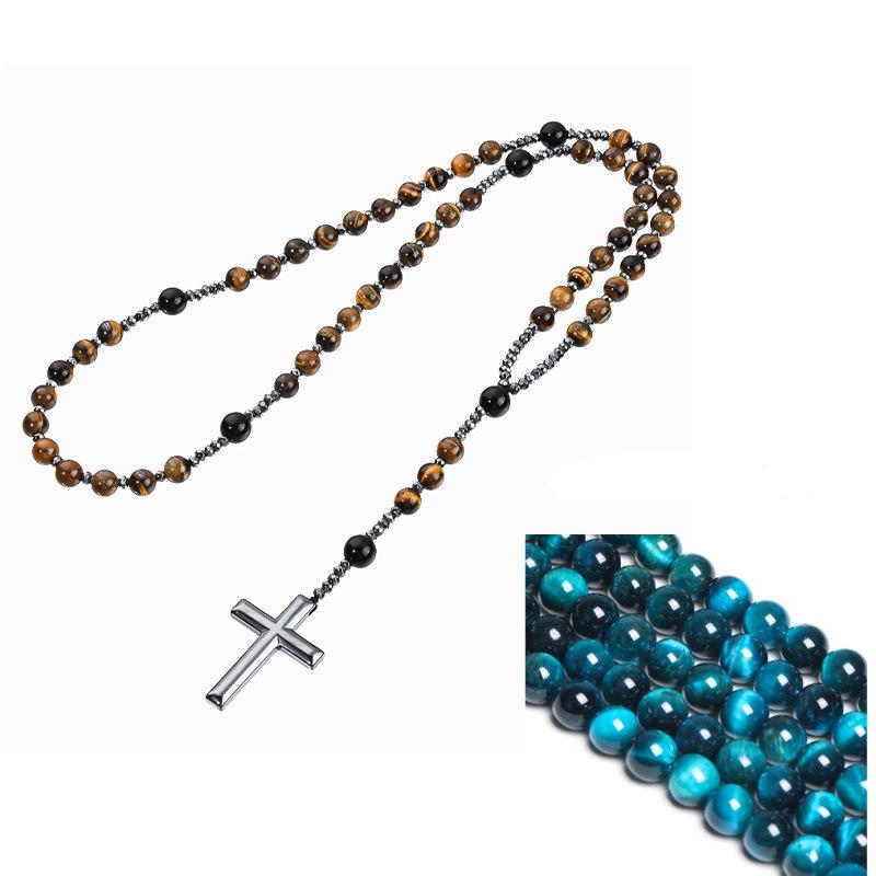 Black Stone Bead Cross Necklace