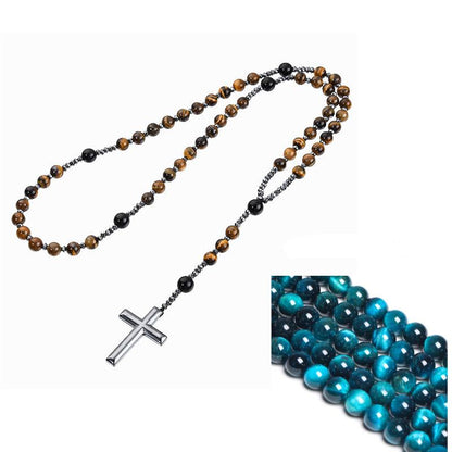 Black Stone Bead Cross Necklace