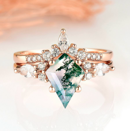 Skye Kite™  Green Moss Agate Engagement Ring Set- 14K Solid Rose Gold