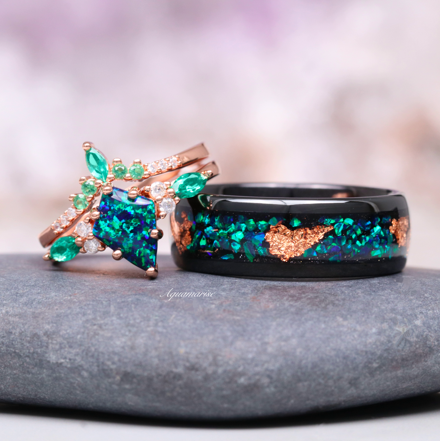 Skye Kite™  Peacock Fire Opal & Emerald Engagement Ring Set- 14K Solid Rose Gold