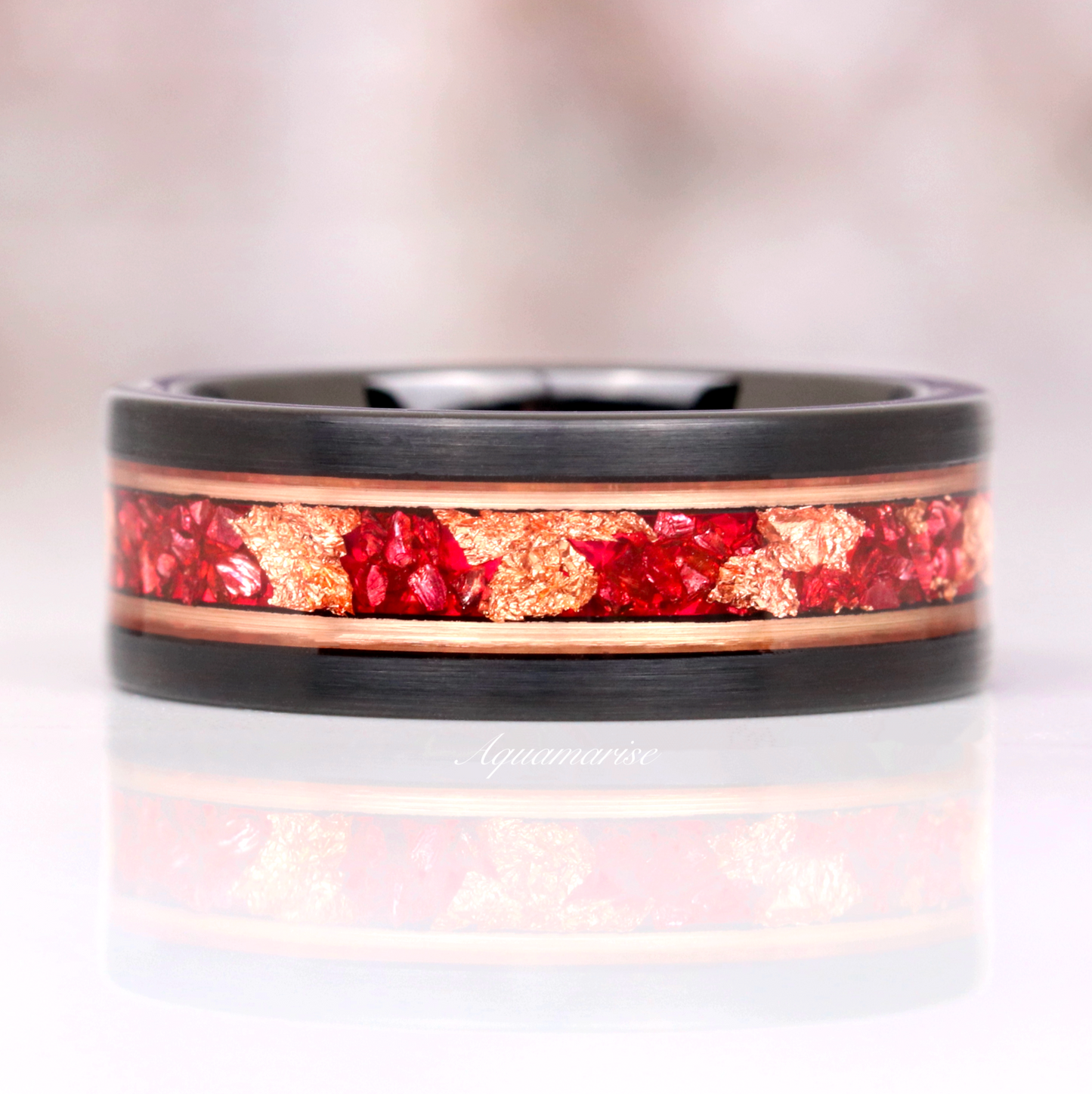 Rose Gold Leaf & Ruby Wedding Band- 8MM Black Tungsten