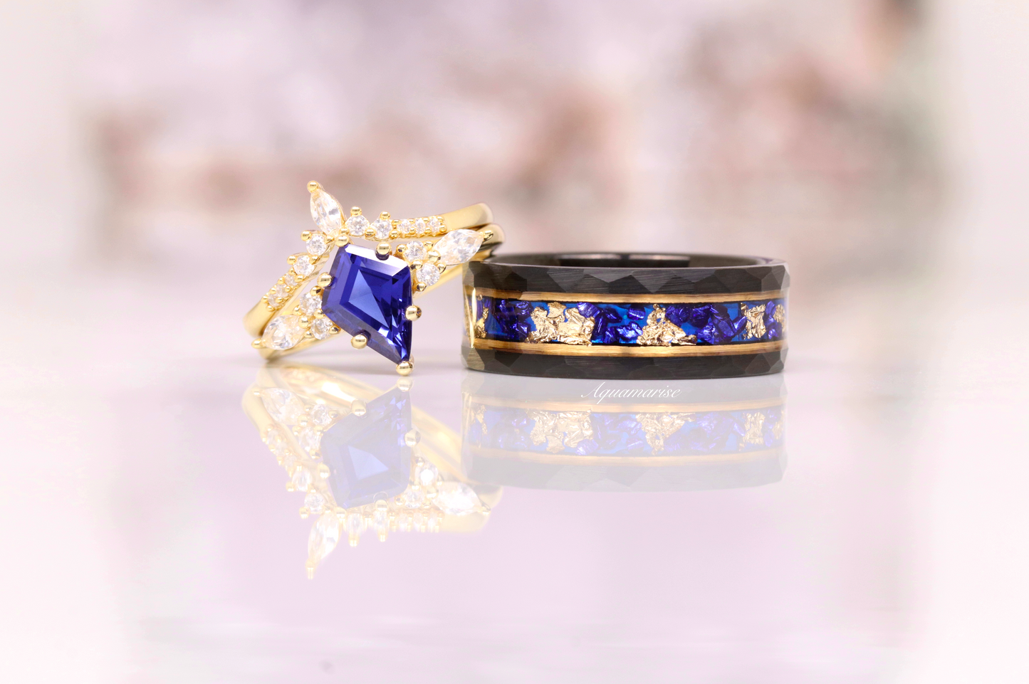 Blue Sapphire & Gold Leaf Wedding Band- 8MM Hammered Black Tungsten