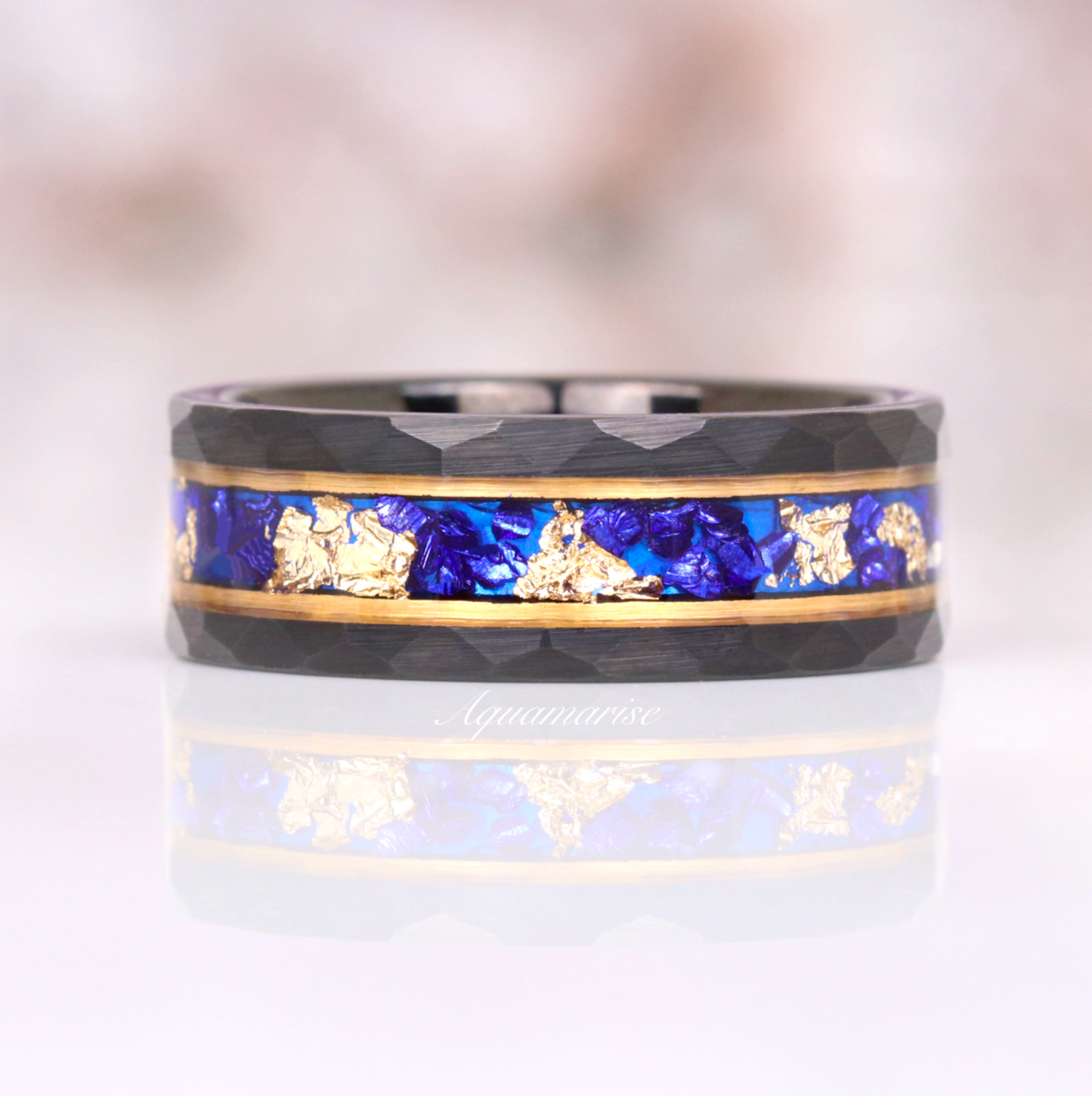 Blue Sapphire & Gold Leaf Wedding Band- 8MM Hammered Black Tungsten