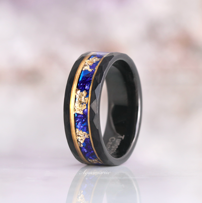 Blue Sapphire & Gold Leaf Wedding Band- 8MM Hammered Black Tungsten