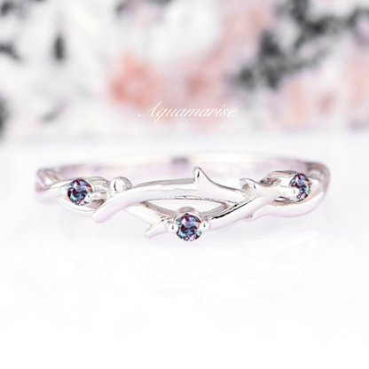 Alexandrite Leaf Wedding Band- 925 Sterling Silver