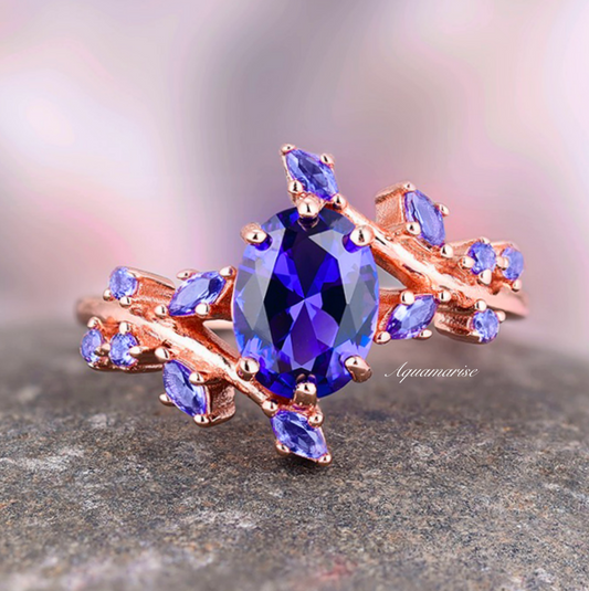 Cornflower Blue Sapphire Leaf Ring- 14K Rose Gold Vermeil