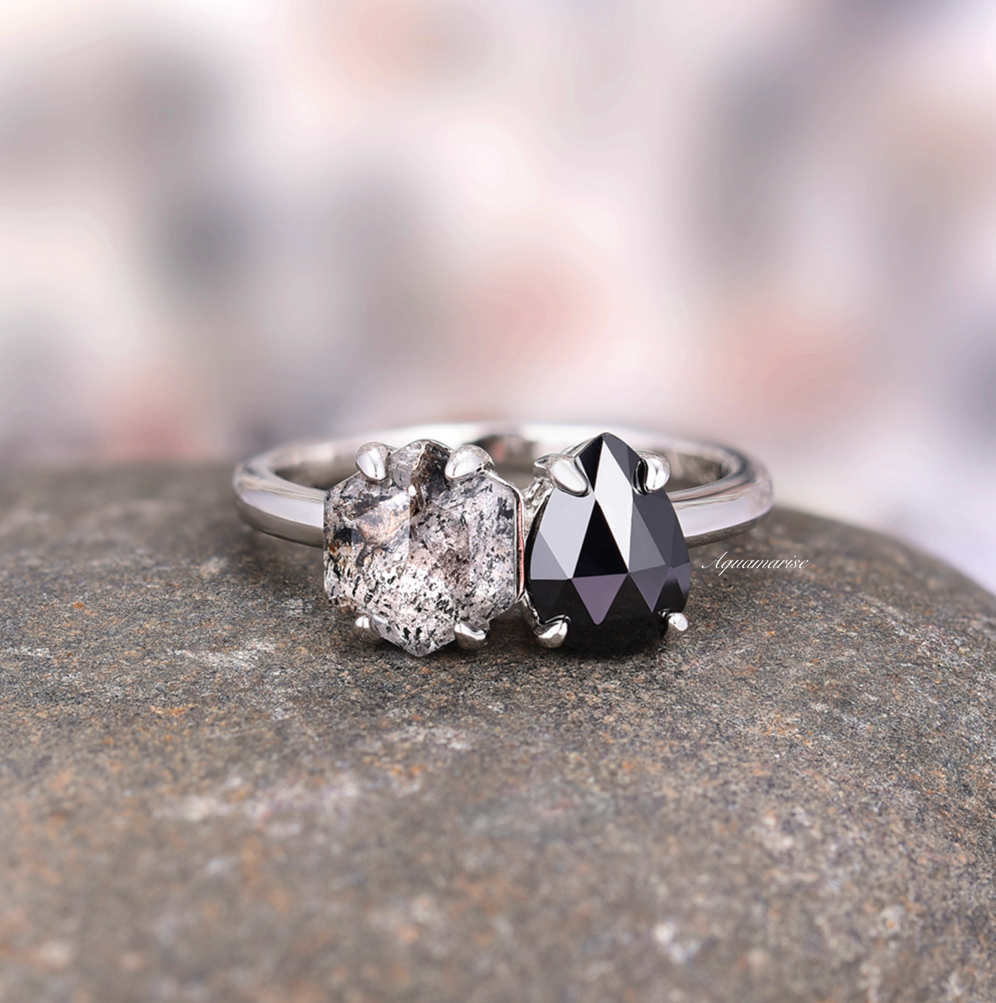 'Toi Et Moi' Salt & Pepper (Herkimer Diamond) & Black Black Onyx Ring- 925 Sterling Silver