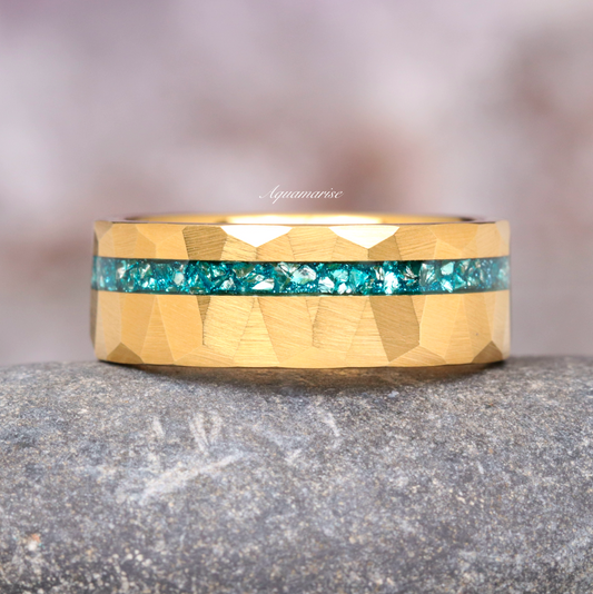 Crushed Aquamarine Wedding Band- Gold Tungsten