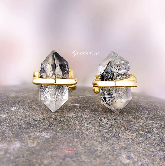 Galaxy Raw Salt & Pepper (Herkimer) Diamond Stud Earrings- 14K Yellow Gold Vermeil