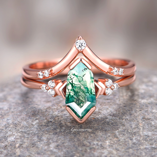 Green Moss Agate Ring Set- 14K Rose Gold Vermeil