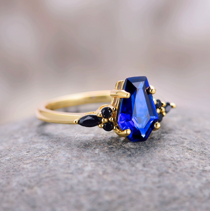 Coffin Cut Blue Sapphire & Black Onyx Ring- 14K Yellow Gold Vermeil