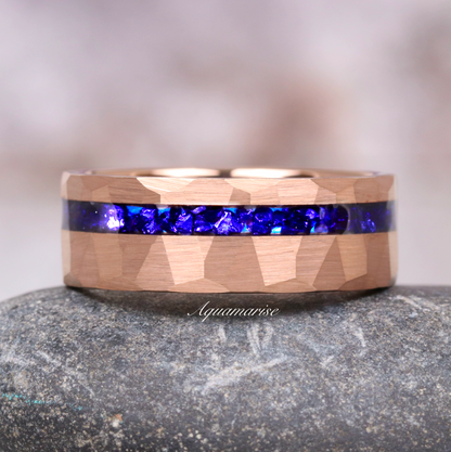 Crushed Blue Sapphire Wedding Band- 8MM Rose Gold Tungsten