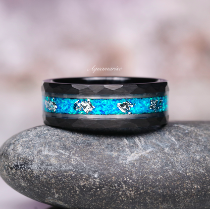 Blue Fire Opal Wedding Band- 8MM Black Tungsten