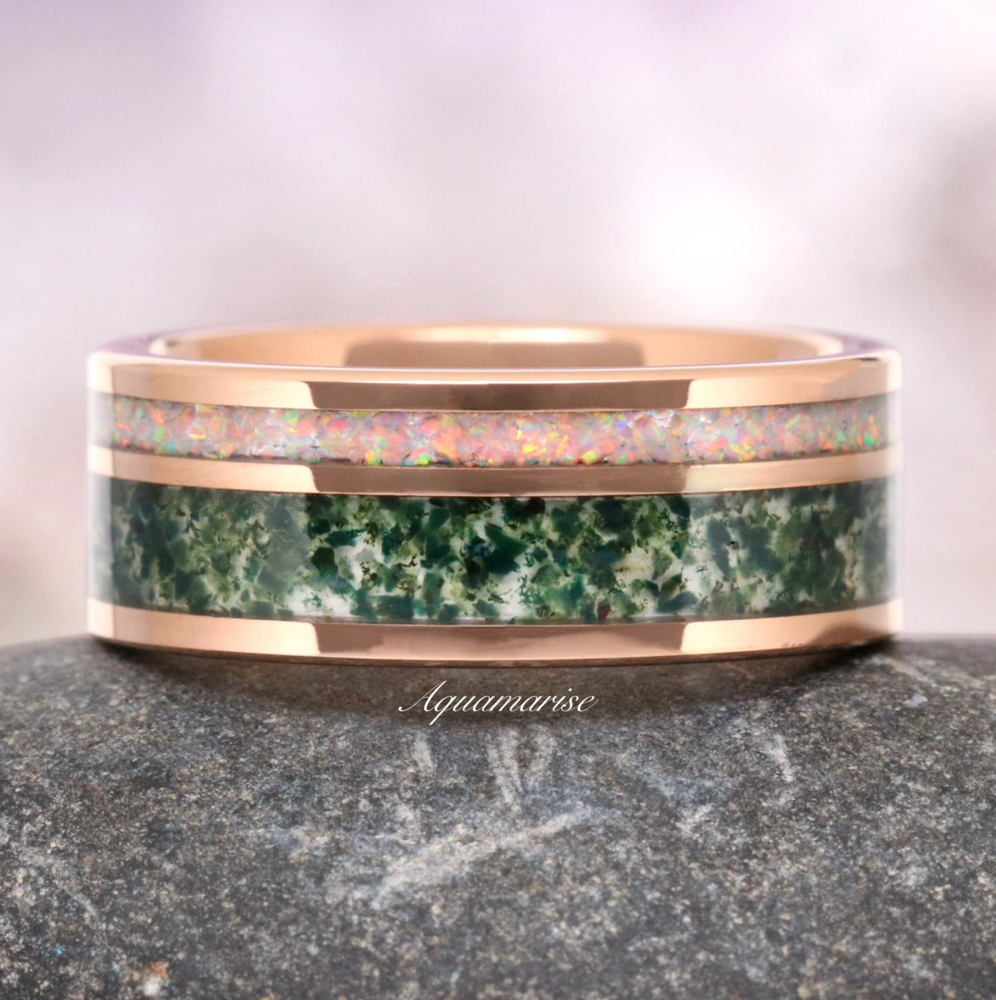 Moss Agate & Fire Opal Wedding Band- 8MM Rose Gold Tungsten