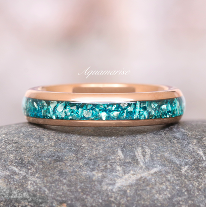 Crushed Aquamarine Wedding Band- 4MM Rose Gold Tungsten