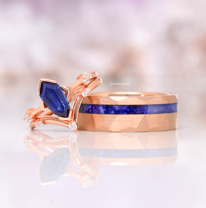 Crushed Blue Sapphire Wedding Band- 8MM Rose Gold Tungsten