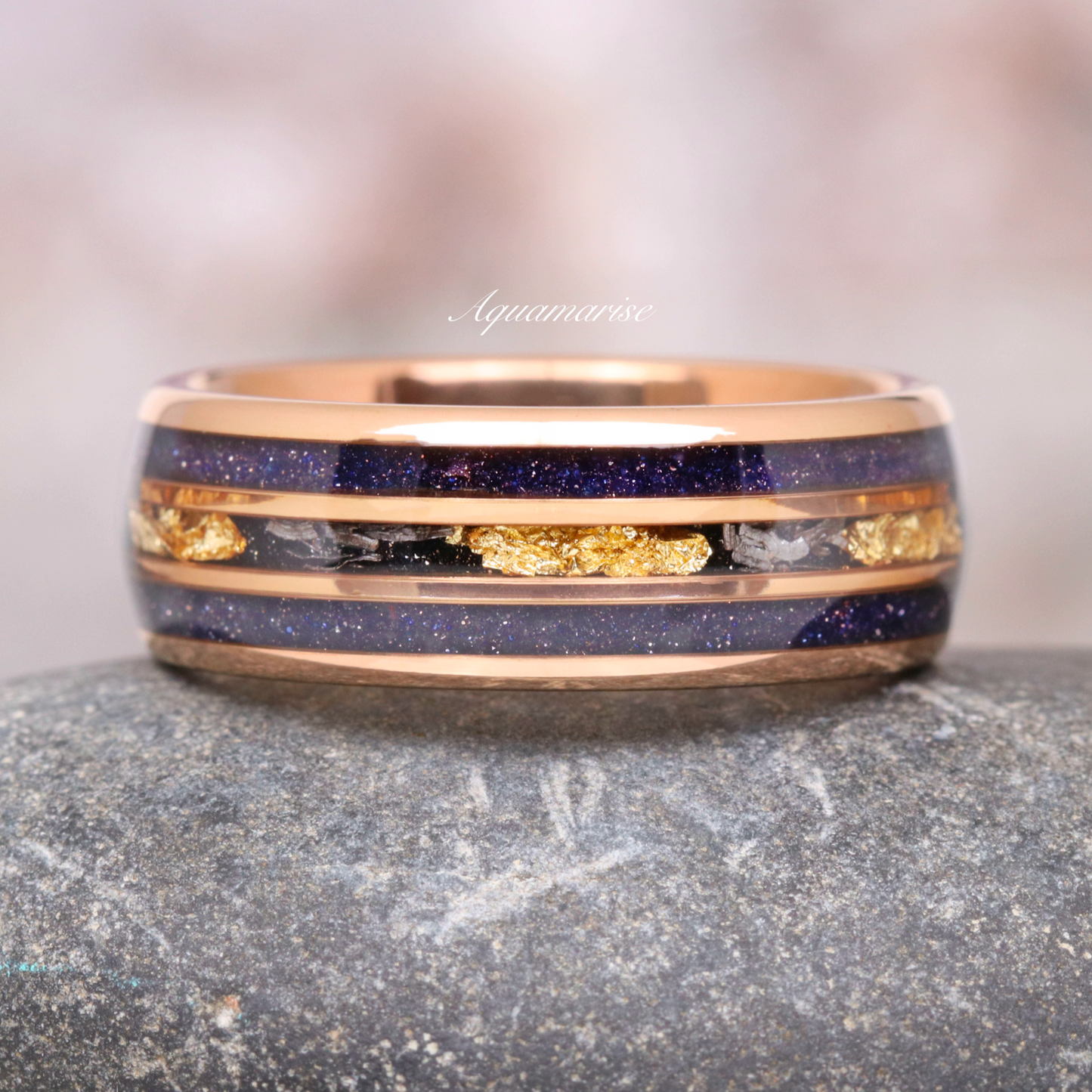 Meteorite, Starry Night & Gold Leaf Wedding Band- 8mm Rose Gold Tungsten