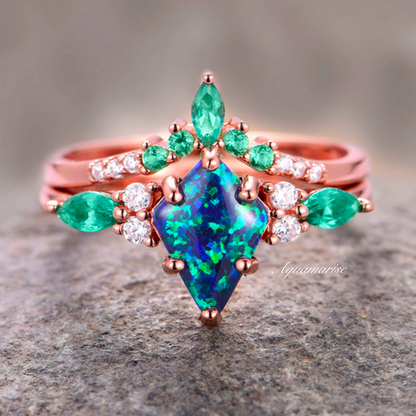 Skye Kite™  Peacock Fire Opal & Emerald Engagement Ring Set- 14K Solid Rose Gold