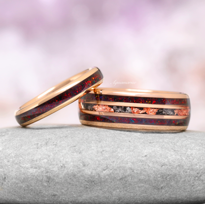 Crushed Black Fire Opal Wedding Band- 4MM Rose Gold Tungsten