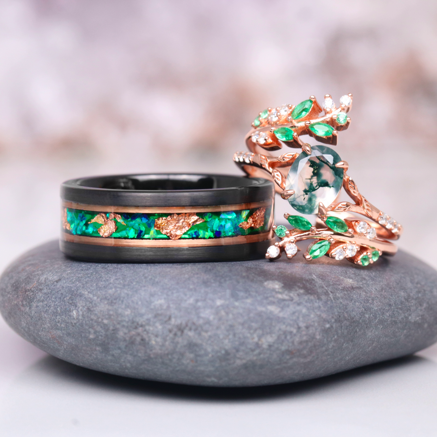 Green Fire Opal & Moss Agate Leaf Couples Ring