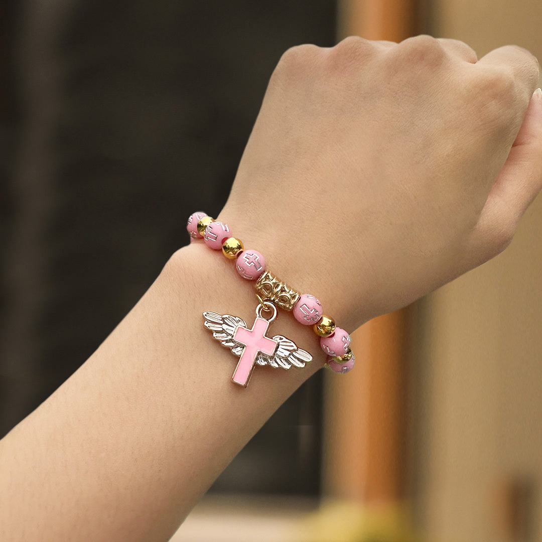 To My Granddaughter, Pray Through It Angel Wings Cross Bracelet (Set of 2)