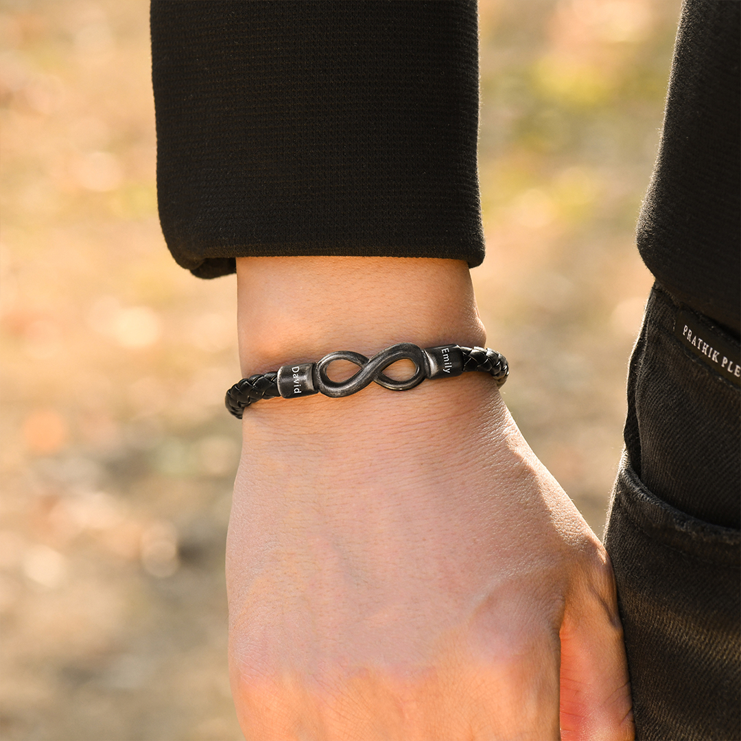 To My Man, Personalized Couple Name Infinity Leather  Bracelet