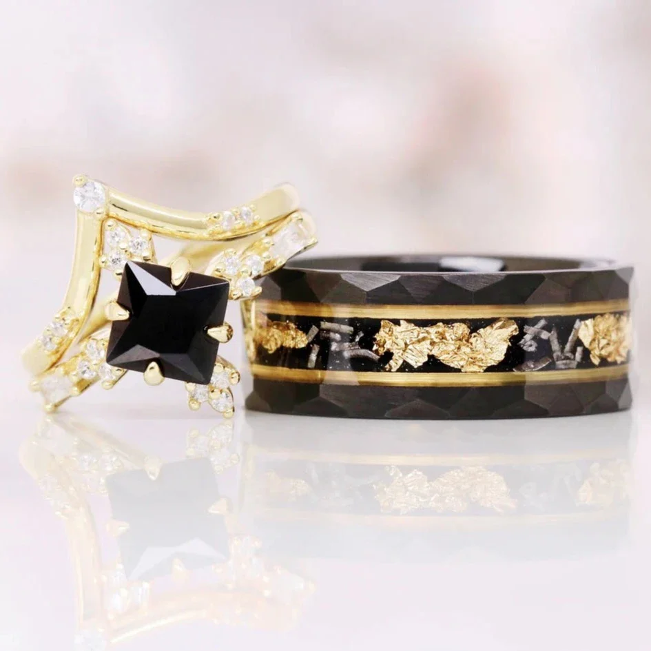 Black Onyx & Meteorite Gold Leaf Couples Ring