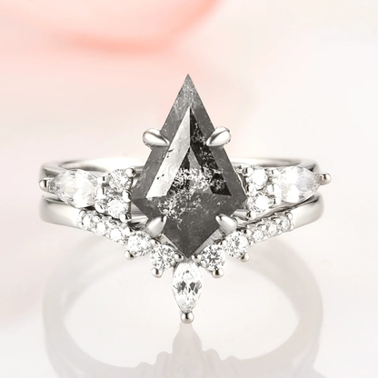 Galaxy Raw Salt and Pepper Diamond Ring- Kite Cut Diamond Engagement Ring Sets