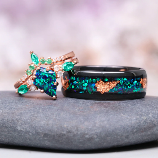 Skye Peacock Opal Couples Ring Set- His and Hers Matching Wedding Band Peacock Teal Rose Gold Vermeil & Tungsten