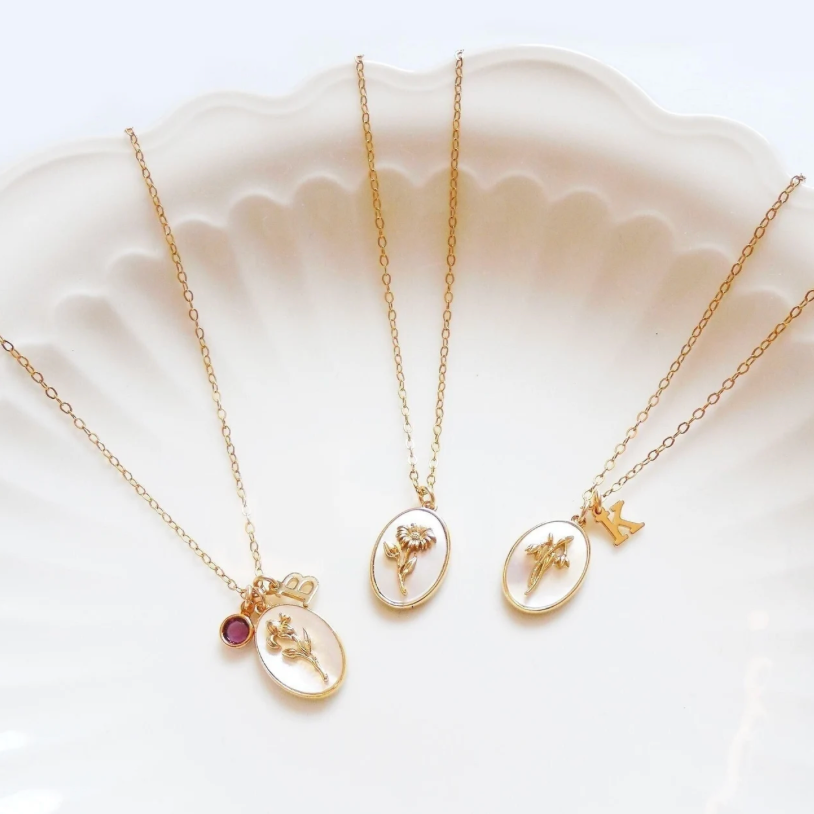 Birth Flower Necklace, Gold Filled Birth Month Flower Necklace