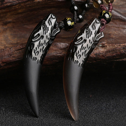 Natural Ice Obsidian Wolf Tooth Pattern Courage Necklace Pendant