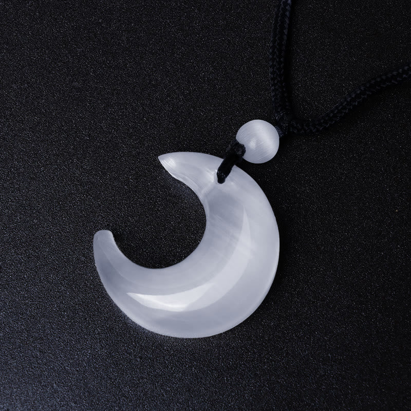 Natural Silver Sheen Obsidian Selenite Crystal Crescent Moon Yin Yang Couple Protection Necklace Pendant