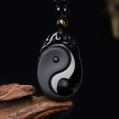 Natural Black Obsidian Yin Yang Fulfilment Strength Necklace Pendant