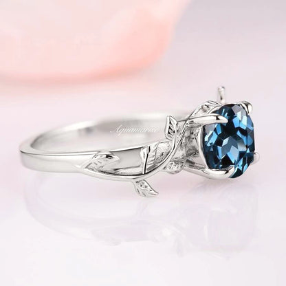 Natural London Blue Topaz Leaf Ring- Sterling Silver