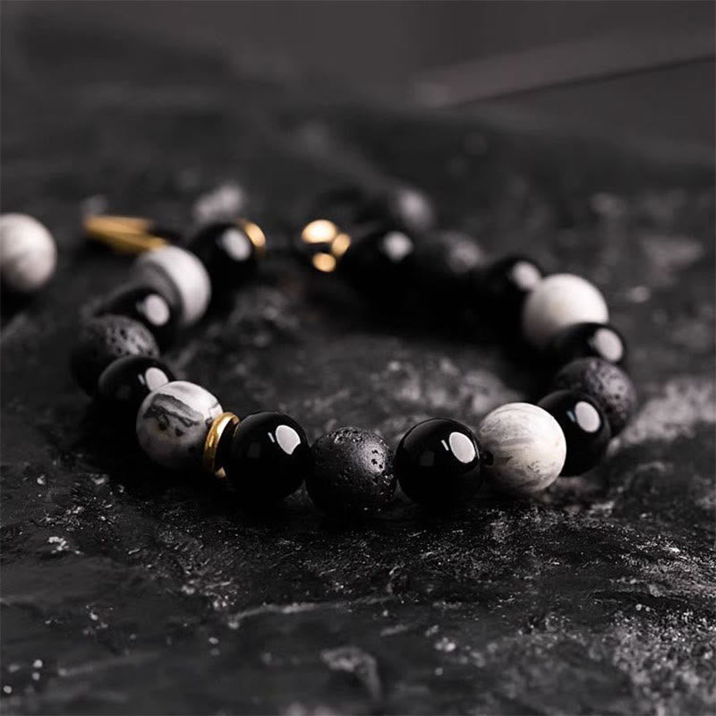 Black Obsidian Lava Rock Stone Yin Yang Strength Bracelet